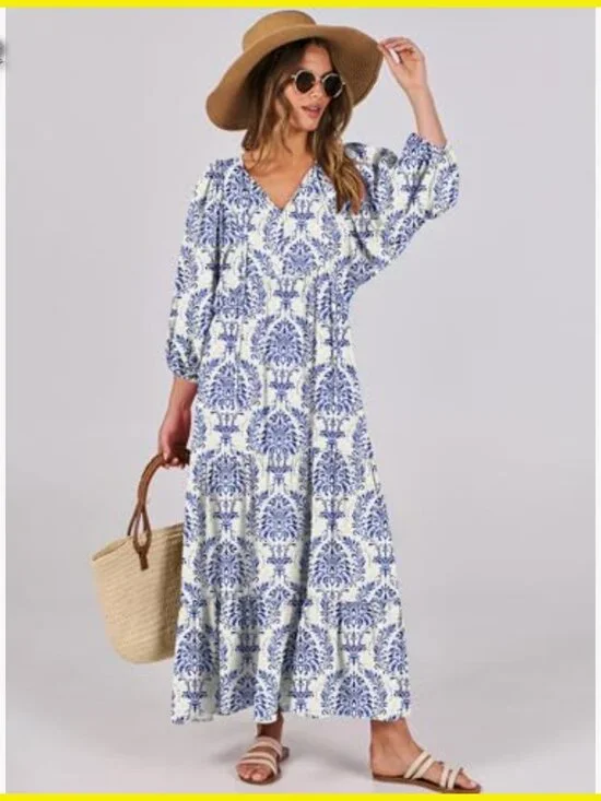 Boho Maxi Dress Flowy Swing V Neck Puff Sleeve Floral Casual Elegant - Picture 2 of 7